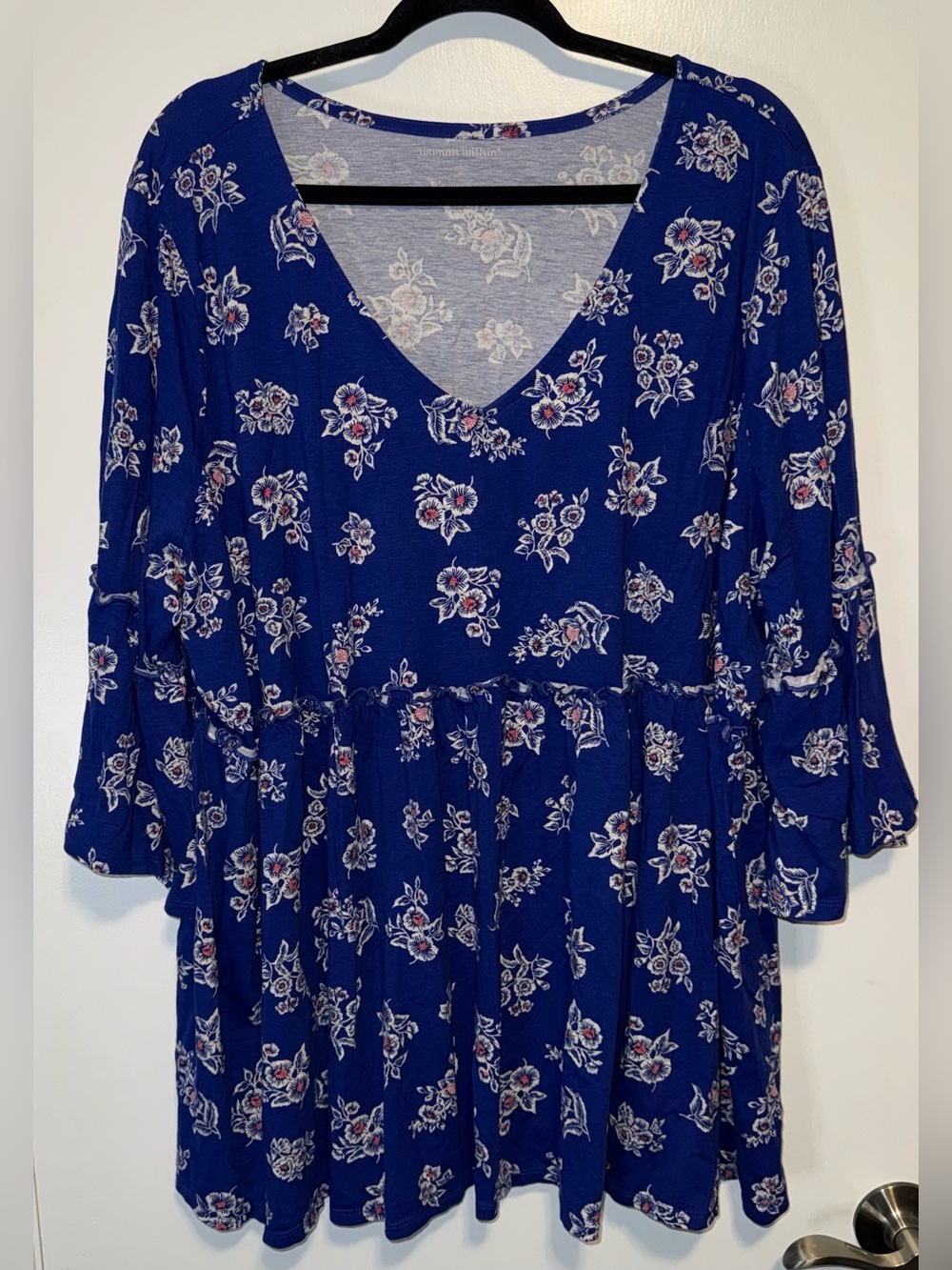 Woman Within Royal Blue Floral V-Neck Tiered Tunic